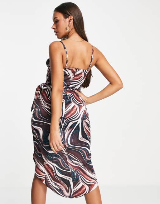 First Distraction the label satin midi dress with wrap skirt in navy ...