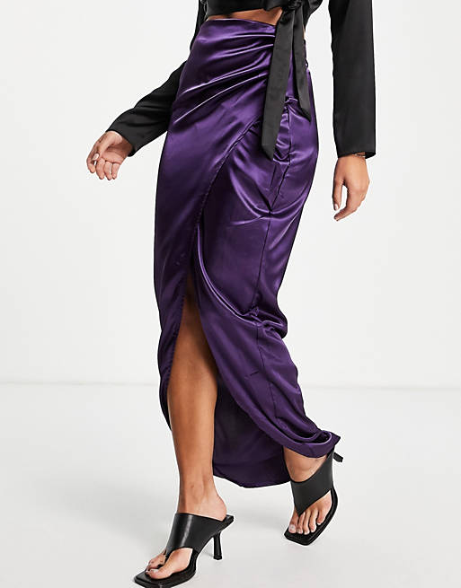 First Distraction the label satin midi skirt with split in purple 