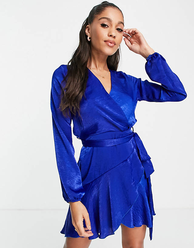 First Distraction - the label satin mini wrap dress in cobalt