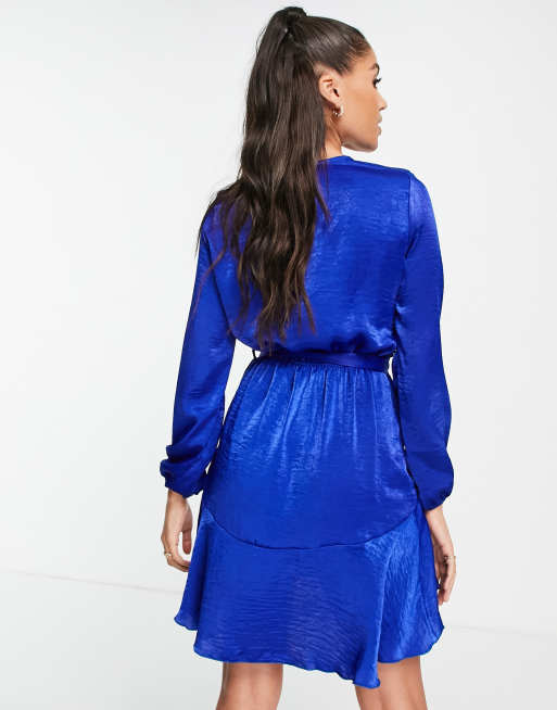 First Distraction the label satin mini wrap dress in cobalt, 3 of 4