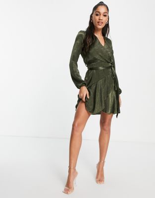 First Distraction the label satin mini wrap dress in olive