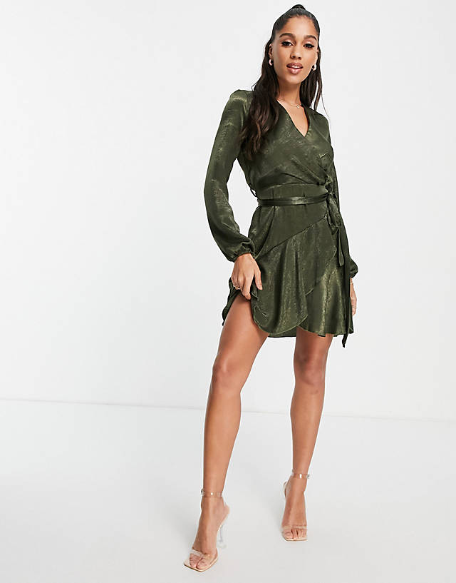 First Distraction - the label satin mini wrap dress in olive