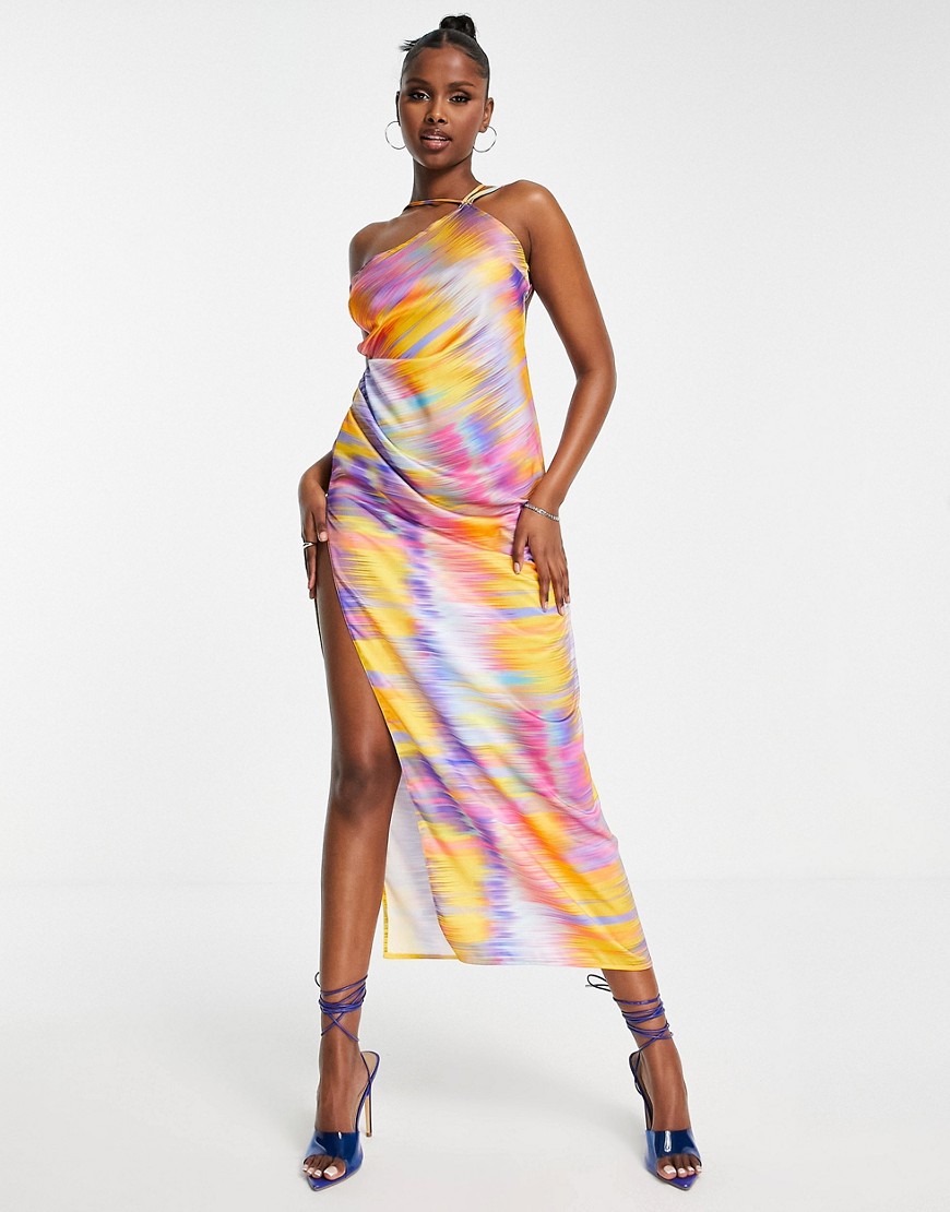 First Distraction The Label Satin Open Back Detail Midi Dress In Multi Print