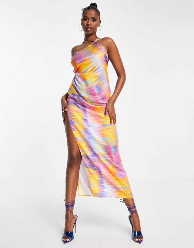 First Distraction The Label satin open back detail midi dress in multi print