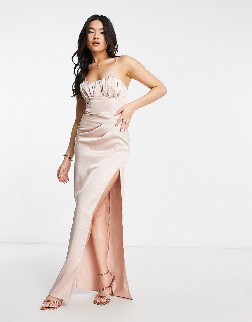 The Label satin ruched maxi dress with thigh split in stone-White