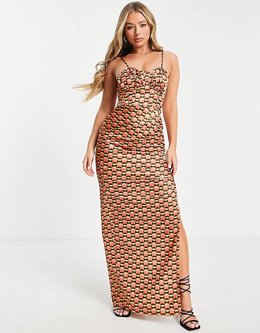 First Distraction the label satin ruched midi dress with thigh split in geo print