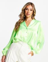 River Island volume sleeve ruffle shirt in bright green | ASOS