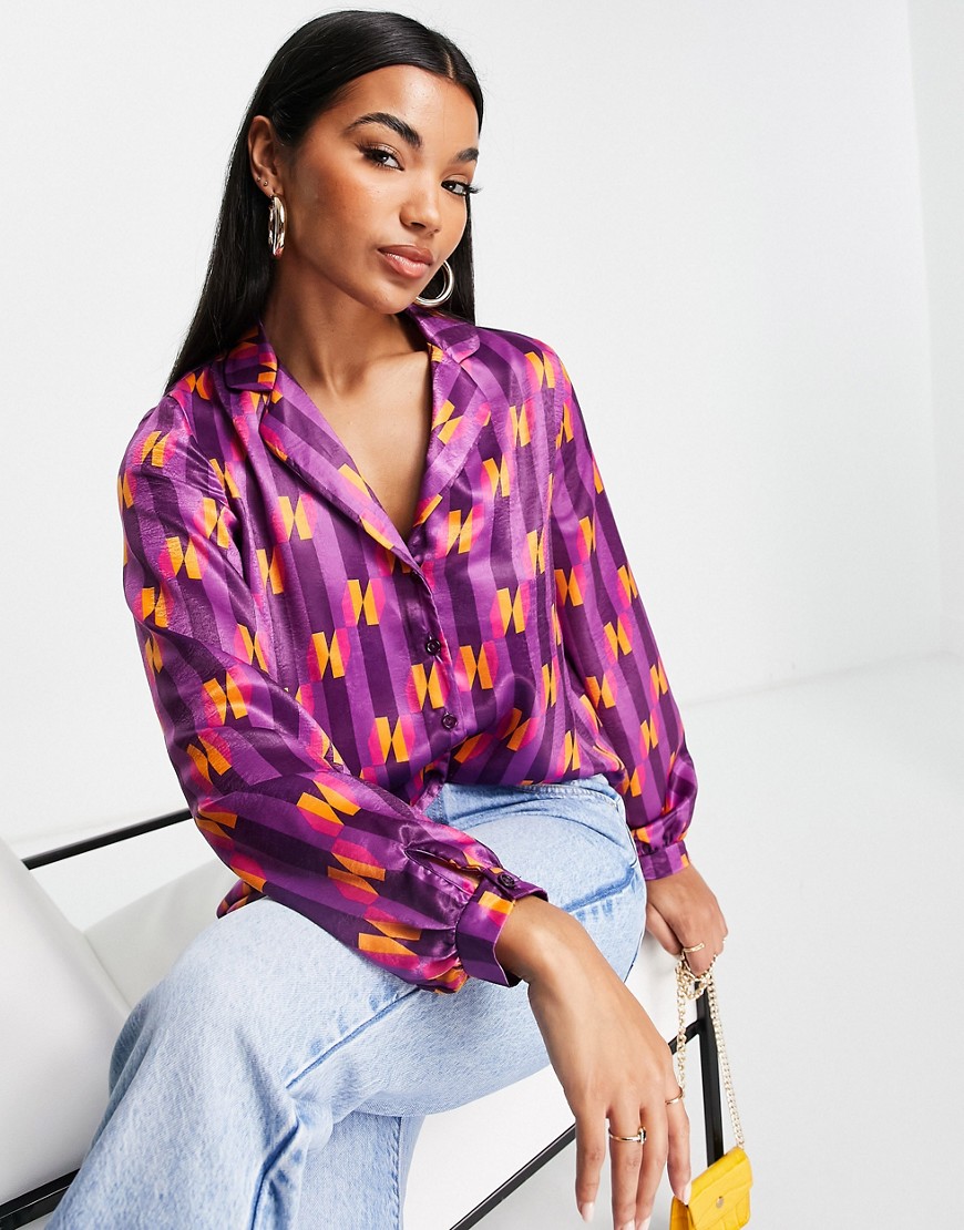 First Distraction The Label satin shirt in purple print