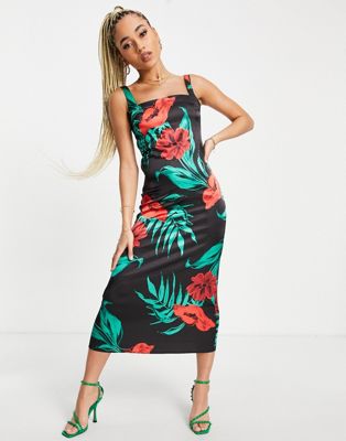 First Distraction The Label satin square neck floral midi dress in black and red