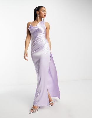 First Distraction the Label - Statement-Maxikleid aus Satin in Flieder mit One-Shoulder-Träger-Lila