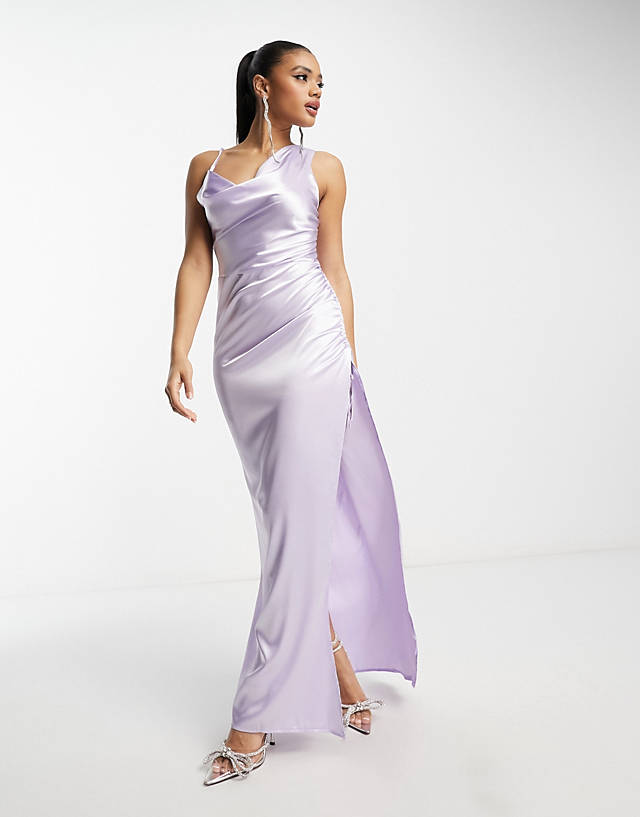 First Distraction - the label statement one shoulder satin maxi dress in lilac