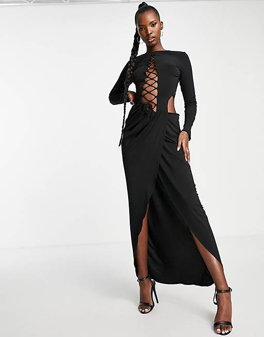 First Distraction The Label strap front split maxi dress in black