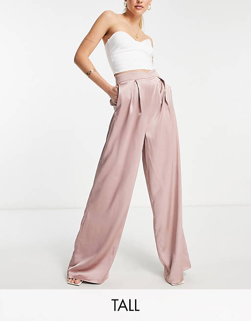 First Distraction the label Tall high waisted satin wide leg pants in heather rose