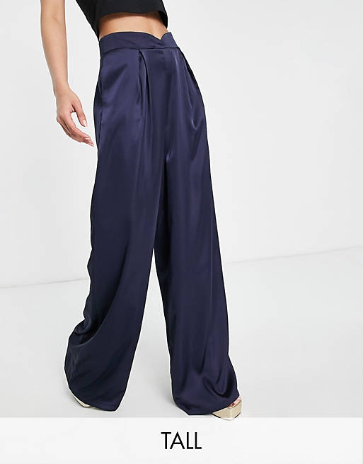 First Distraction The Label Tall high waisted satin wide leg pants in navy