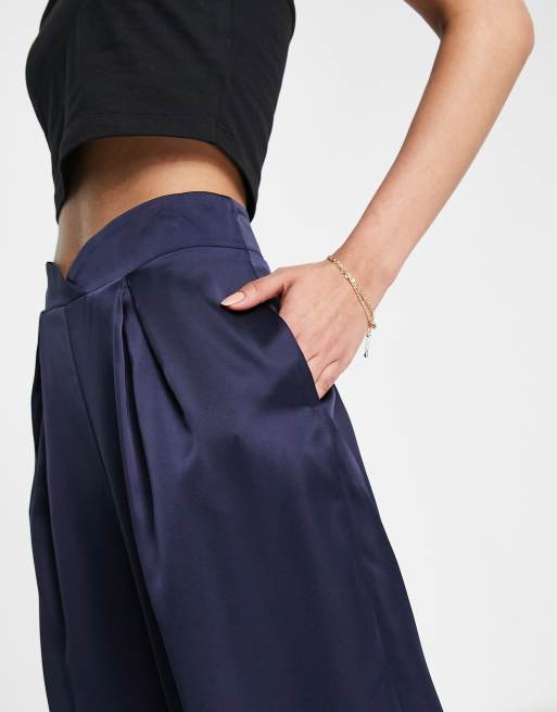 First Distraction the label Tall high waisted satin wide leg pants in navy