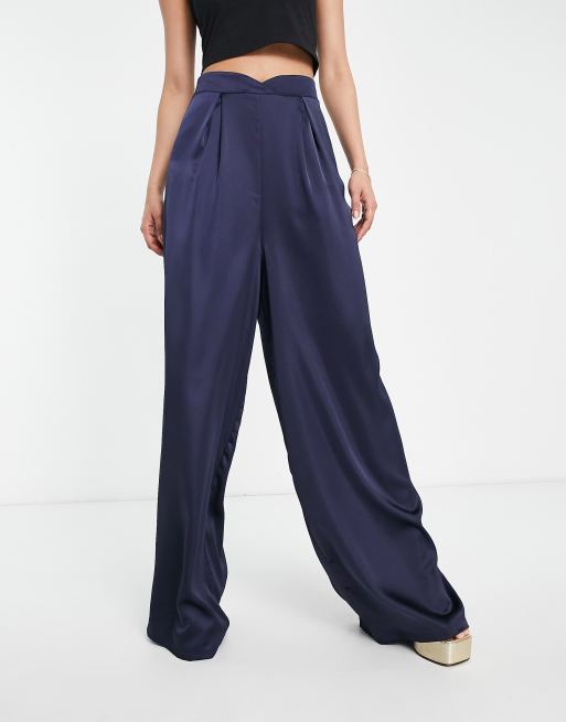 First Distraction the label Tall high waisted satin wide leg trousers in  navy