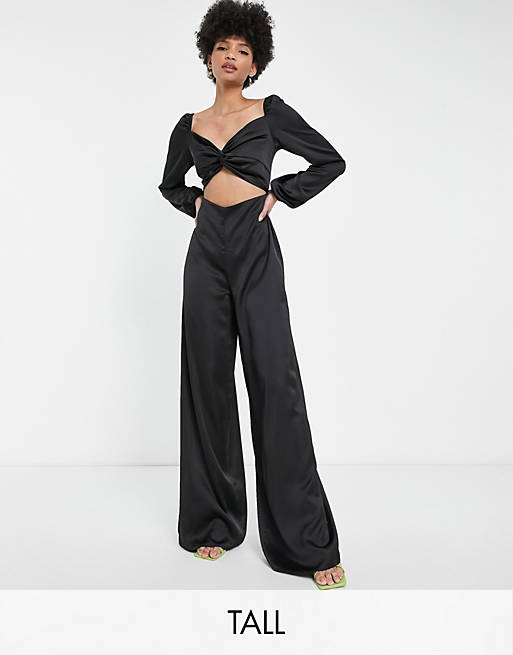  First Distraction The Label Tall satin jumpsuit with twist front in black