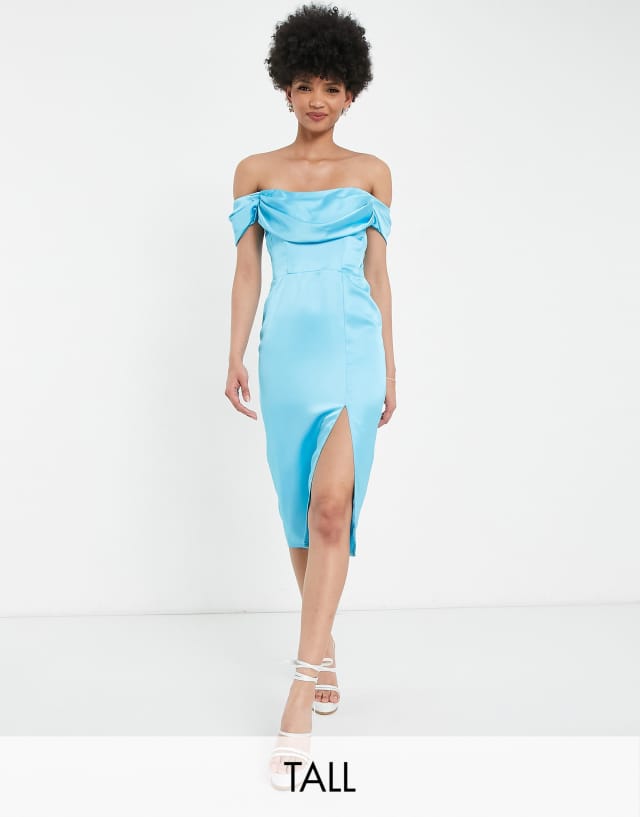 First Distraction The Label Tall satin midi dress with slit in cyan blue