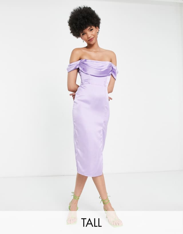 First Distraction The Label Tall satin midi dress with slit in lavender