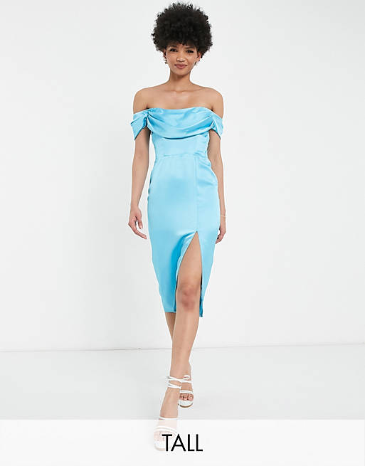 First Distraction The Label Tall satin midi dress with split in cyan blue
