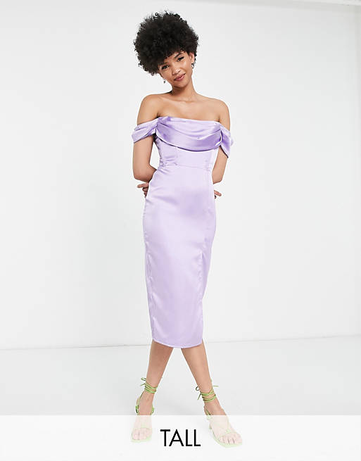 First Distraction The Label Tall satin midi dress with split in lavender