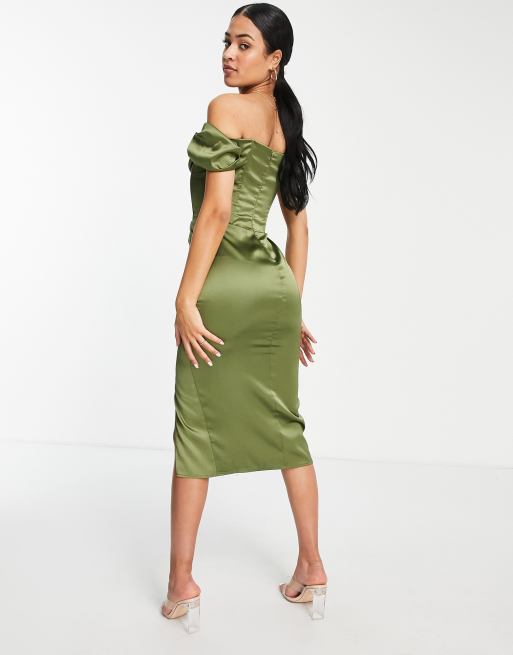 First Distraction the label Tall satin midi dress with split in olive ...