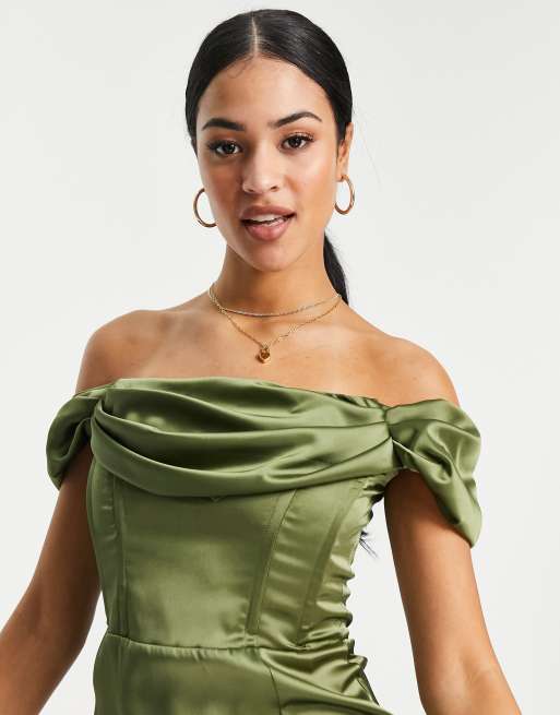 First Distraction the label Tall satin midi dress with split in olive ...