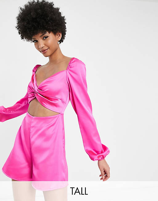  First Distraction The Label Tall satin playsuit with twist front and cut out in cerise