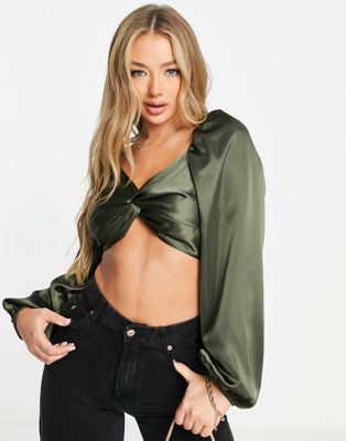 First Distraction The Label twist front satin top in olive