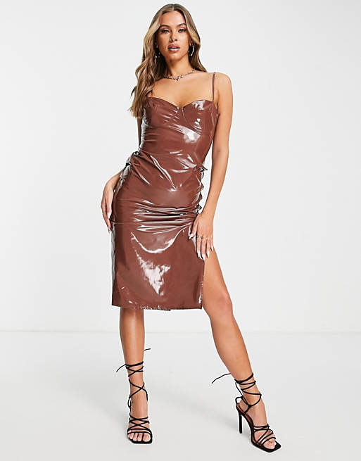 First Distraction the label vinyl bodyon dress with lace up in chocolate brown 