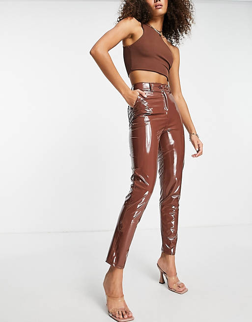 First Distraction the label vinyl slim trousers in chocolate brown
