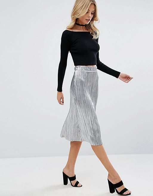 First & I Metallic Plisse Midi Skirt