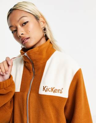 фото Флисовая oversized-куртка в стиле колор-блок с логотипом на груди kickers-коричневый цвет