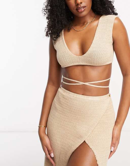Flook premium Amaris wrap around beach crop top in sand (part of a set)