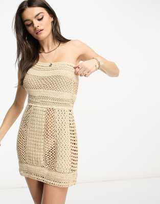 Flook Premium Rune One Shoulder Crochet Mini Beach Summer Dress In Pearl-white