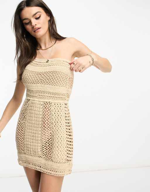 Flook premium rune one shoulder crochet mini beach summer dress in pearl