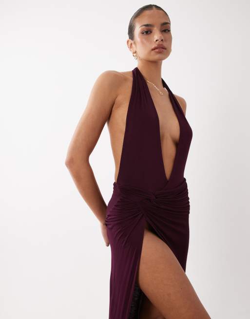 Flook the Label Baya plunge knitted maxi dress in wine, 2 of 5