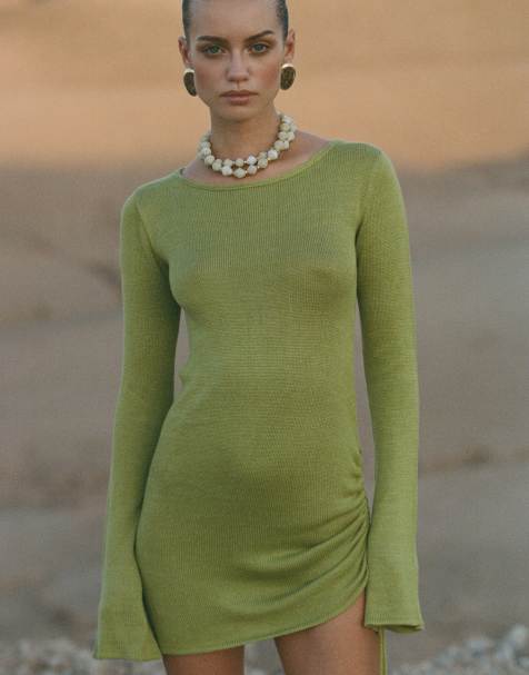 Flook the Label Freya knitted mini beach dress in olive - view 1