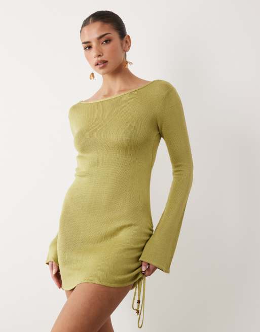 Flook the Label Freya knitted mini beach dress in olive, 3 of 5