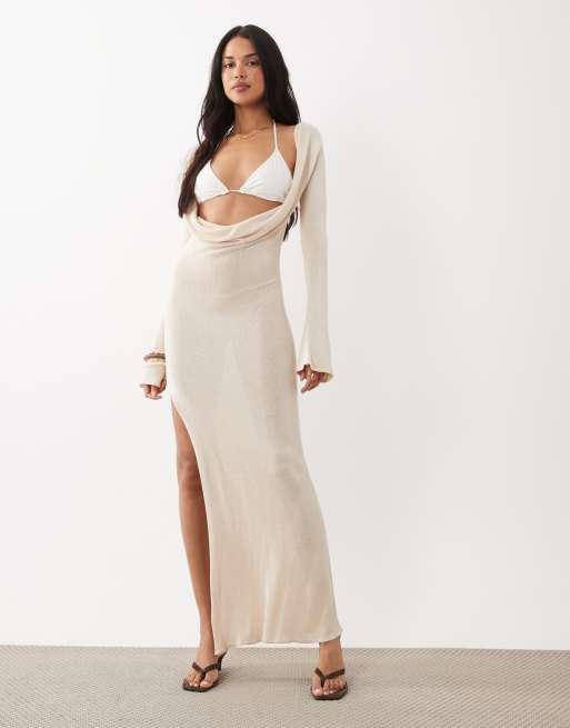 Flook the Label Lila low plunge knitted maxi dress in shell, 2 of 5