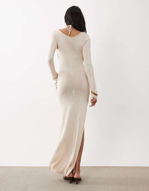 Flook the Label Lila low plunge knitted maxi dress in shell, 5 of 5
