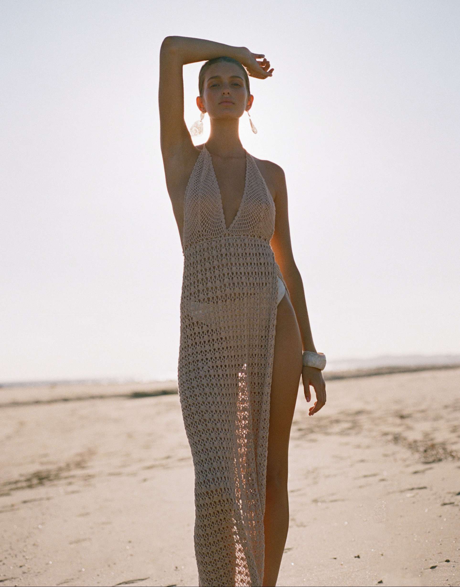flook the label zahira crochet maxi beach dress in sand