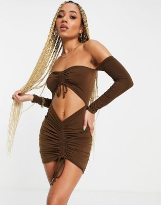 Flounce bardot ruched mini dress in chocolate brown