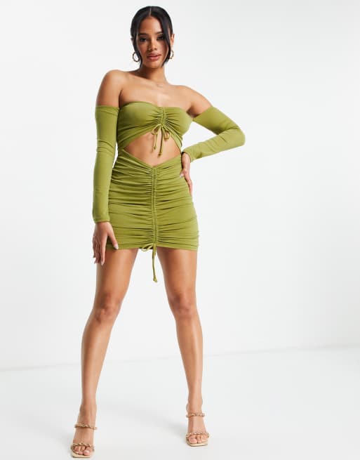 Ribbed long sleeve bardot ruched best sale bodycon dress