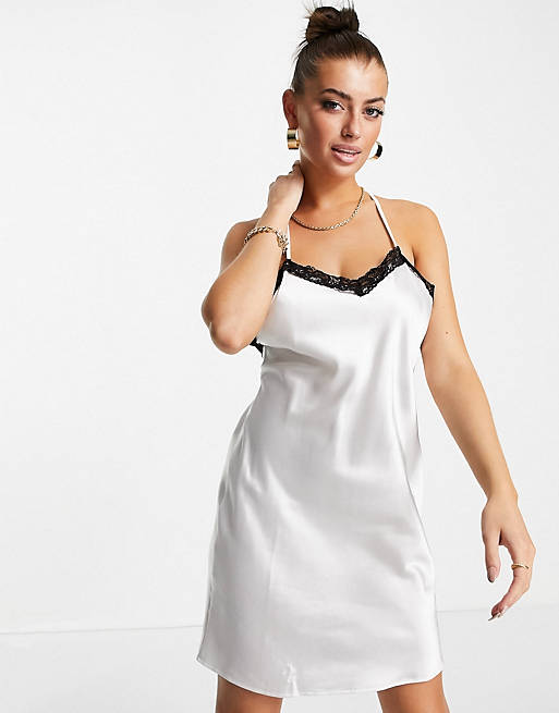 Flounce London backless cross strap satin slip dress with contrast lace trim in ivory