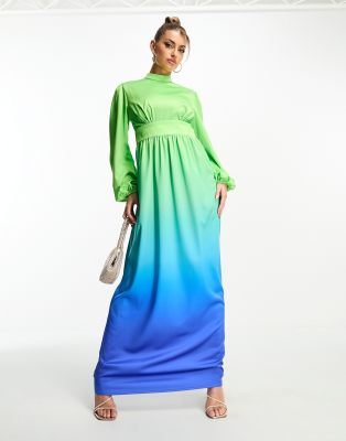 Flounce London balloon sleeve maxi dress in blue and green ombre-Multi