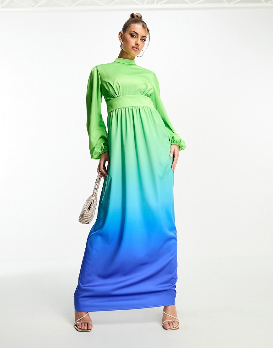 Flounce London Balloon Sleeve Maxi Dress In Blue And Green Ombre-multi