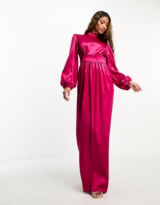 Flounce London Maternity Flounce London satin long sleeve wrap maxi dress  in hot pink - ShopStyle