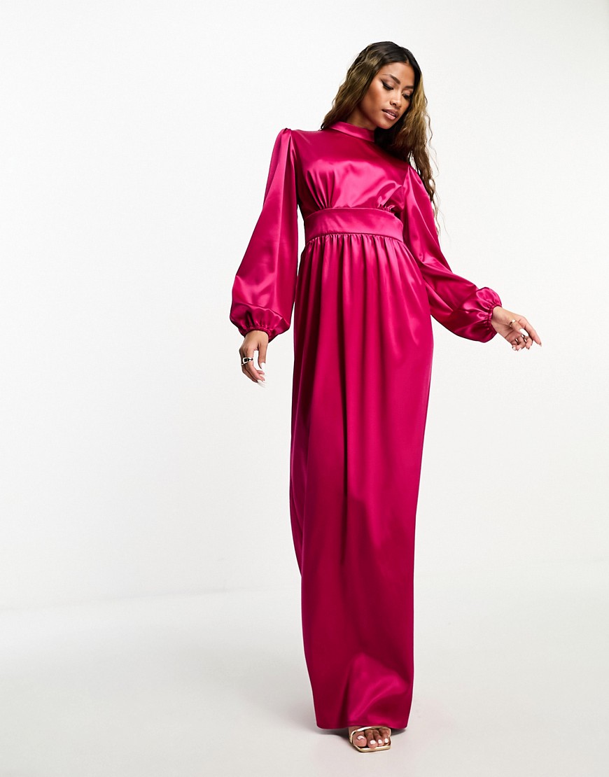 Flounce London Balloon Sleeve Maxi Dress In Fuchsia-pink