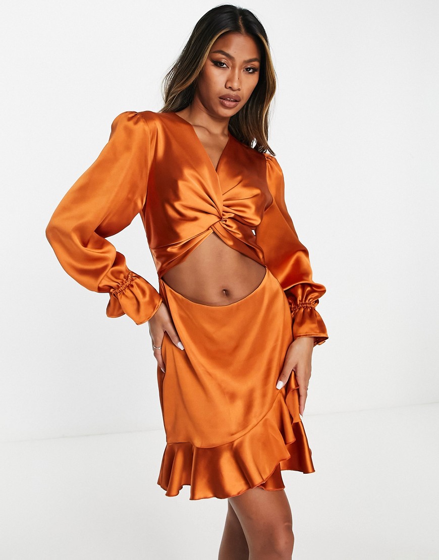 Flounce London Balloon Sleeve Mini Dress With Cut Out And Ruffle Detail In Burnt Orange